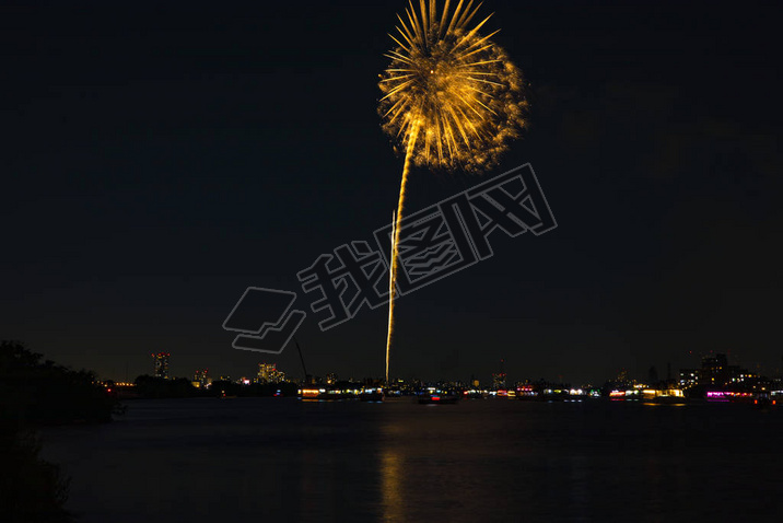 Fireworks near Edogawabashi river in Tokyo wide shot