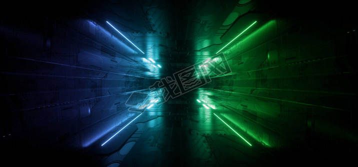 Neon laser Schematic Motherboard Texture Blue Green laser Alien Spacship Dark Night Showroom Tunnel 