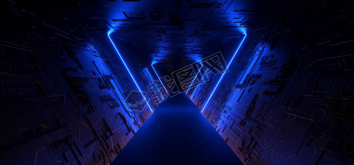 Neon Cyber Blue Glowing Vibrant Sci Fi Futuristic Tunnel Corridor Alien Spacship Dark Night Empty Tr