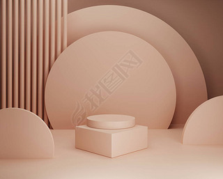 3D米色基座显示原始几何形状。时尚背景与正方形和圆筒的讲台盒和复制空间的产品推广.化妆品品牌3D渲染说明.