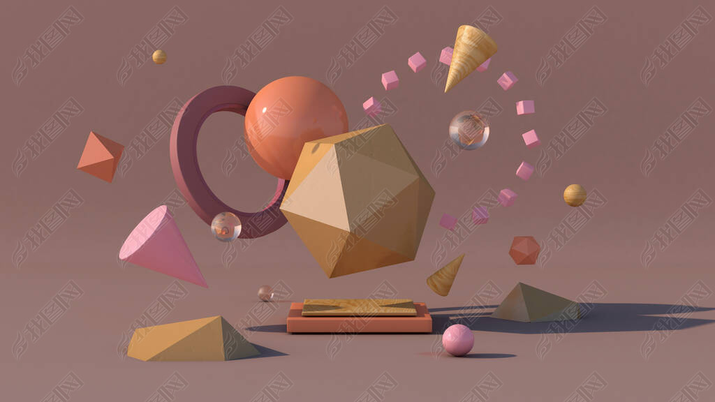 Beige, pink, orange geometric shapes. Abstract illustration, 3d rendering. 