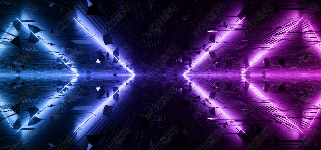 ScFi Futuristic Neon laser Blue Purple Vibrant Glowing Lights Dark Night on Schematic Textured Metal