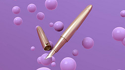 在紫色背景上绘制带有浮动气泡的光洁钢笔的3D图像。摘要墙纸。动态壁纸。现代封面设计。3D插图.