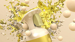 三维图像上的光滑喷雾瓶与油漆飞溅在黄色的背景与浮动气泡。摘要墙纸。动态壁纸。现代封面设计。3D插图.