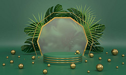 Podium, green stand with golden balls, spheres and plants behind glass. Premium background for adver