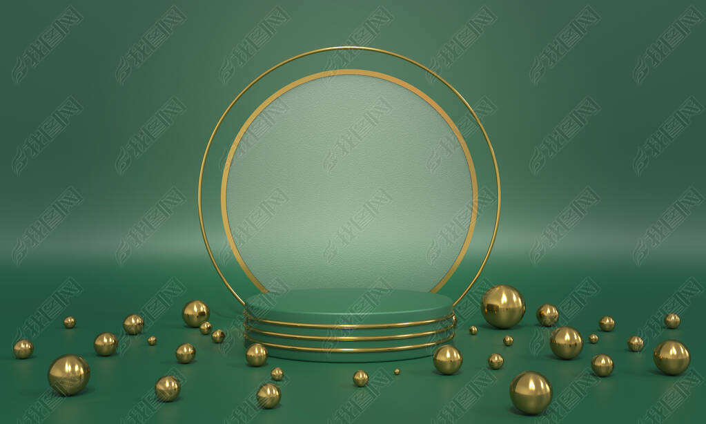 Podium, green background stand with golden balls, spheres and glass round. Premium background for ad