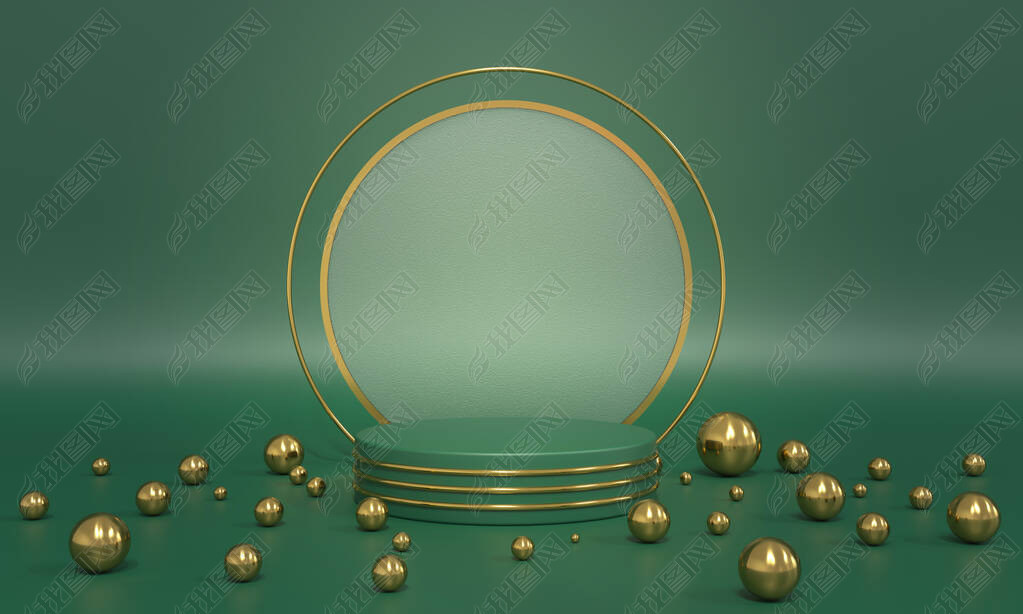 Podium, green background stand with golden balls, spheres and glass round. Premium background for ad