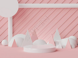 以珊瑚礁粉红颜色为主题的白色空白平台最小场景的3D渲染。展示展台的产品演示模型和化妆品广告.装饰品简易设计中的圆柱形舞台.