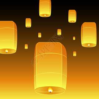 Loi Krathong realistic illustration. Yi Peng Festival. Fly fire lanterns in night sky. Thai holiday.
