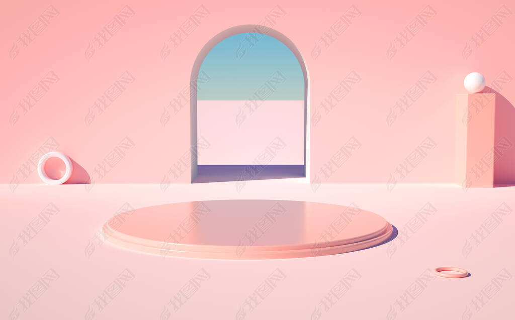 Elegant pink podium in an outdoor scene for a product showcase in 3D rendering. Realistic pedestal, 