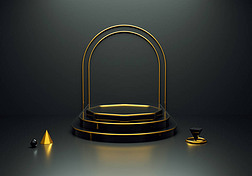 3D rendering of a luxurious black and gold podium for a product display. Realistic pedestal, empty p