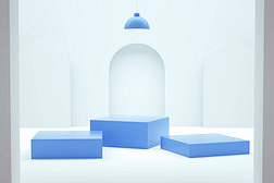 Three blue square podiums on a neutral background for a product display in 3D rendering. Realistic p