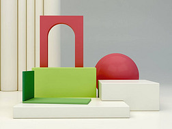 Minimal podium to show a product with geometrical forms in green, cream and pink colors. Abstract co