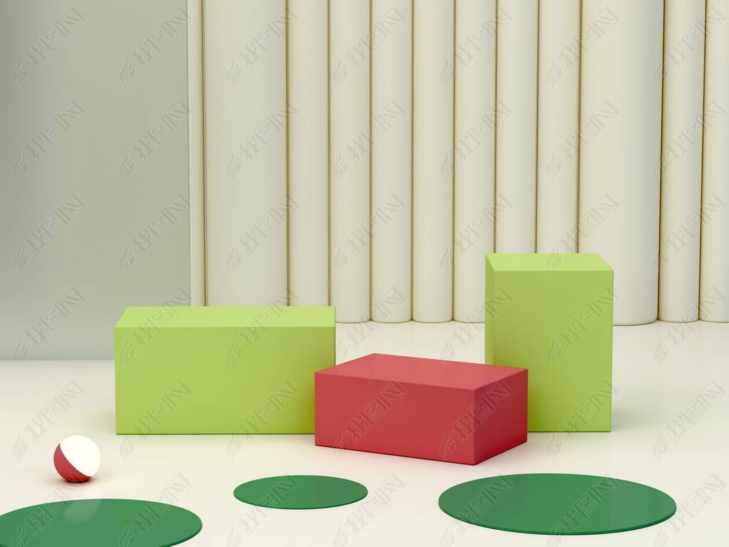 Minimal podium to show a product with geometrical forms in green, cream and pink colors. Abstract co