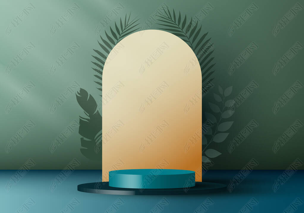 3D realistic elegant blue cylinder on layers rounded backdrop with tropical leaves on green backgrou
