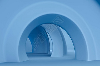 蓝色圆形拱形冷水3D渲染说明.带空格的数字背景.技术产品的舞台、平台.波状结构、形状、透视路径