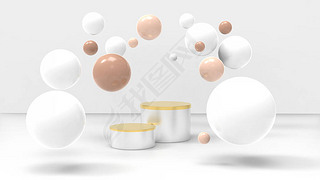 展示产品的化妆品背景.圆柱形最小基座和球体作为面霜的符号。3D插图，漂亮温暖的色彩.