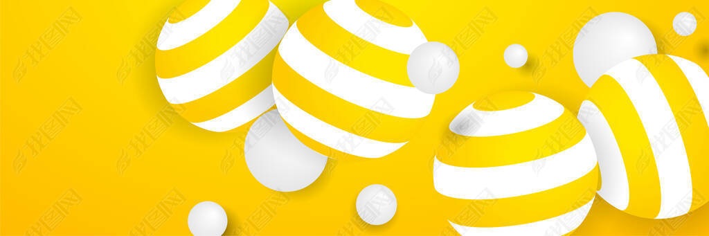 Modern 3D yellow orange white abstract wide web banner background with geometric sphere shapes. Vect