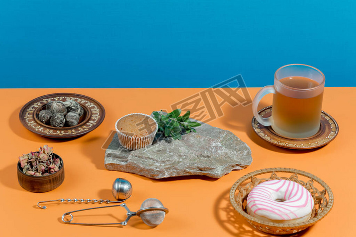 Tea with dessert on a bright colored background