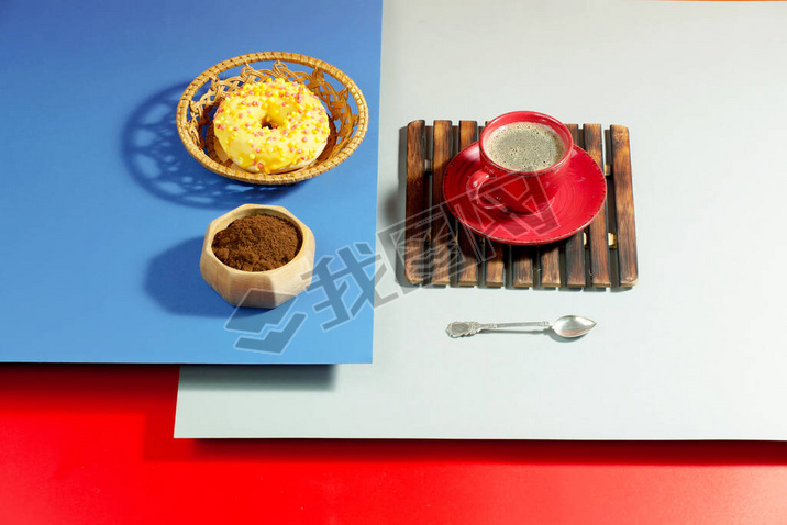 Coffee with dessert on a bright colored background