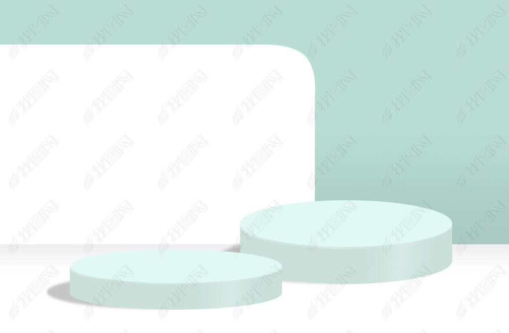 Two round platforms for product presentation on abstract white and light blue background
