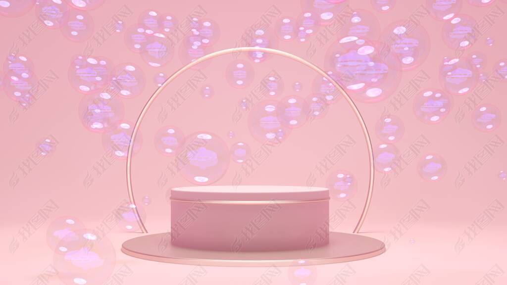 3d art background with pink platform surrounded with bubbles