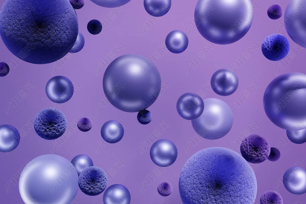 3d render of flying violet balls and fluffy fur spheres on purple background toned