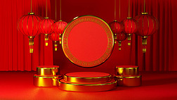 3D rendering of podium chinese new year for theme product display, red and gold background.