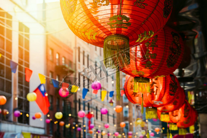 Red chinese lantern in Chinatown in New York city, USA. Festive decoration for Chinese New Year cele