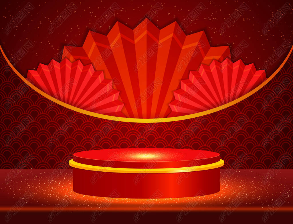 Vector Chinese new year illustration with stage and asian elements on red shine background