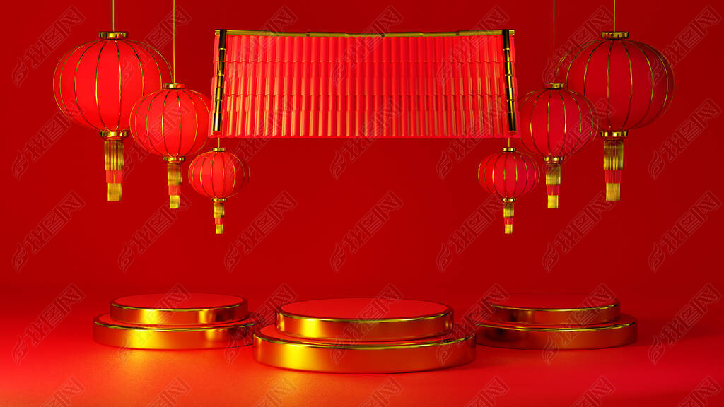 3D rendering of podium chinese new year for theme product display, red and gold background.