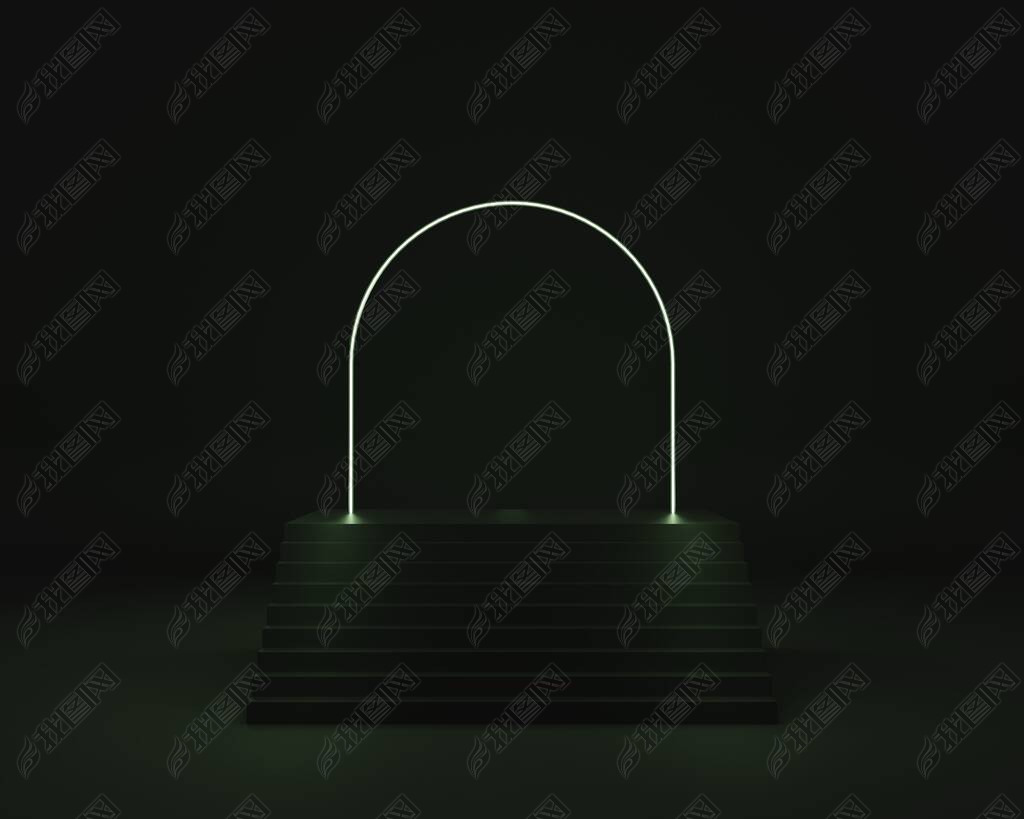 Minimalism empty product showcase platform with staircase podium and arch neon light tube 3D renderi