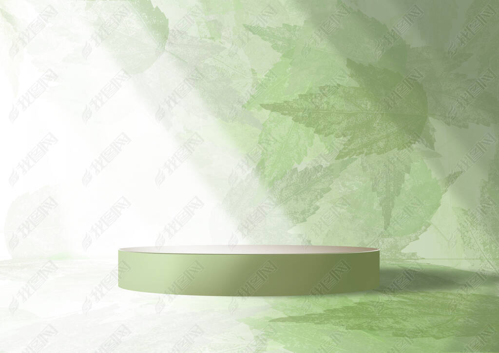 Product display podium with green nature leaves background. 3D rendering