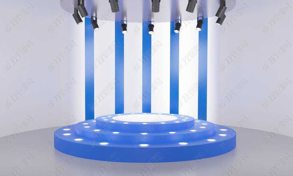 blue podium with neon light in the white room.3d rendering.