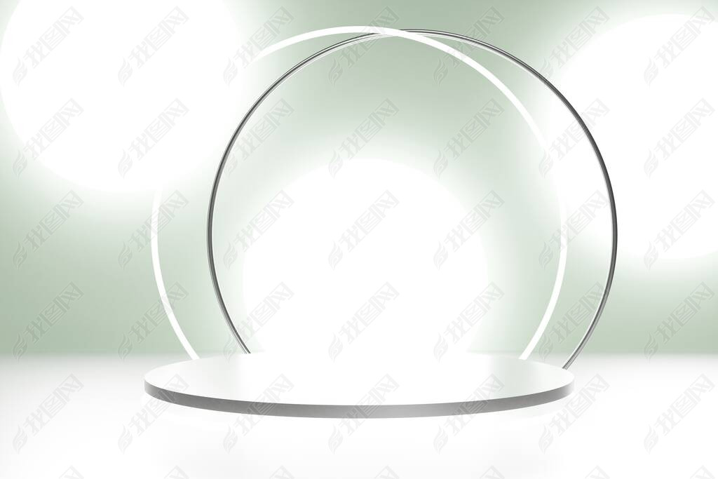 3d render of silver podium on a gray green background with white neon arch ring and light circles