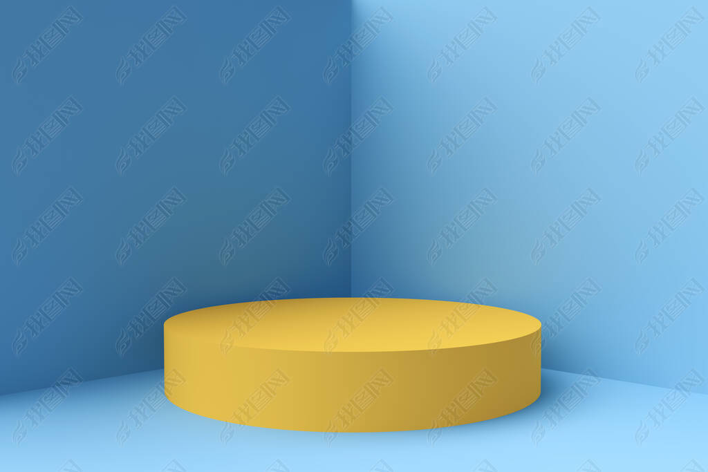 Round pedestal or podium in blue corner. Colorful minimal exhibition concept design. Abstract modern