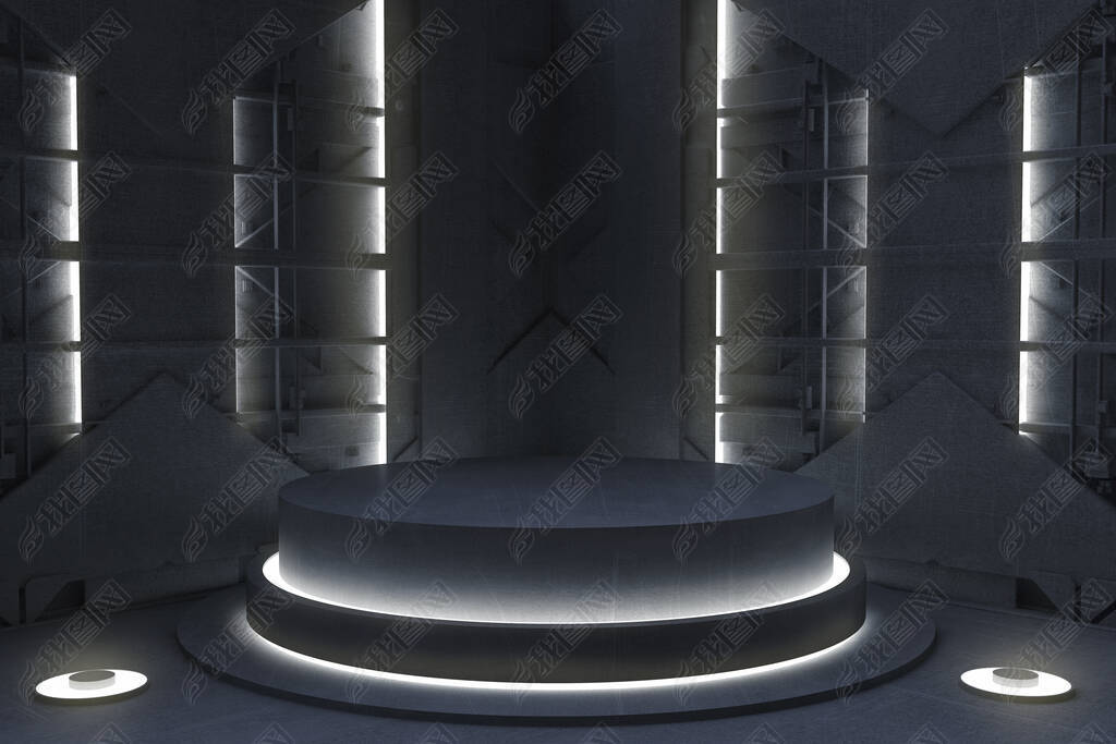 Round pedestal or podium in corner. Futuristic minimal exhibition concept design. Abstract modern ar