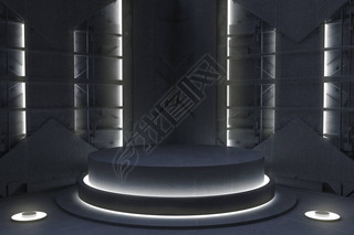 Round pedestal or podium in corner. Futuristic minimal exhibition concept design. Abstract modern ar