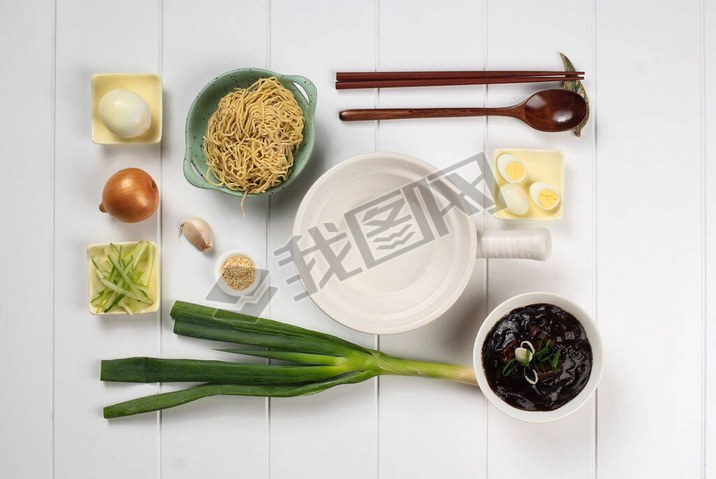 Food Knolling Asian Noodle, Flat Lay Concept Ingredients of Jajangmyeon or Jjajangmyeon, Korean Nood