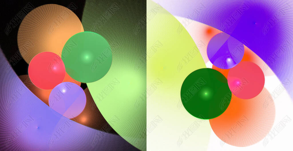 Bright colorful spheres on a black and white backgrounds. Set of festive backgrounds. Two abstract f
