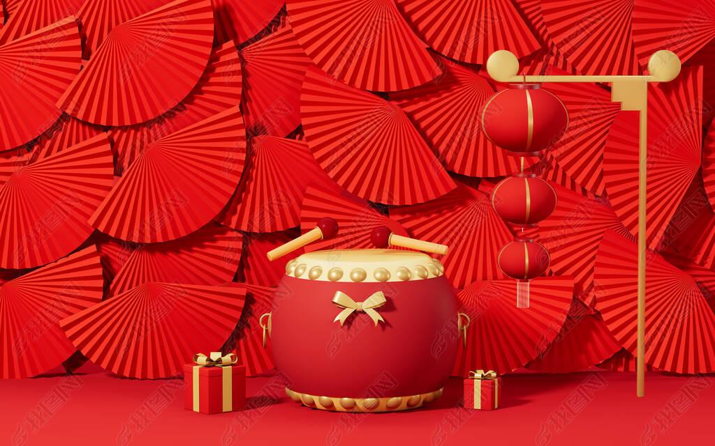 Drum and lanterns with red fans background, 3d rendering. Computer digital drawing.