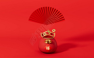 Lucky bag and fan with red background, translation blessing, 3d rendering. Computer digital drawing.