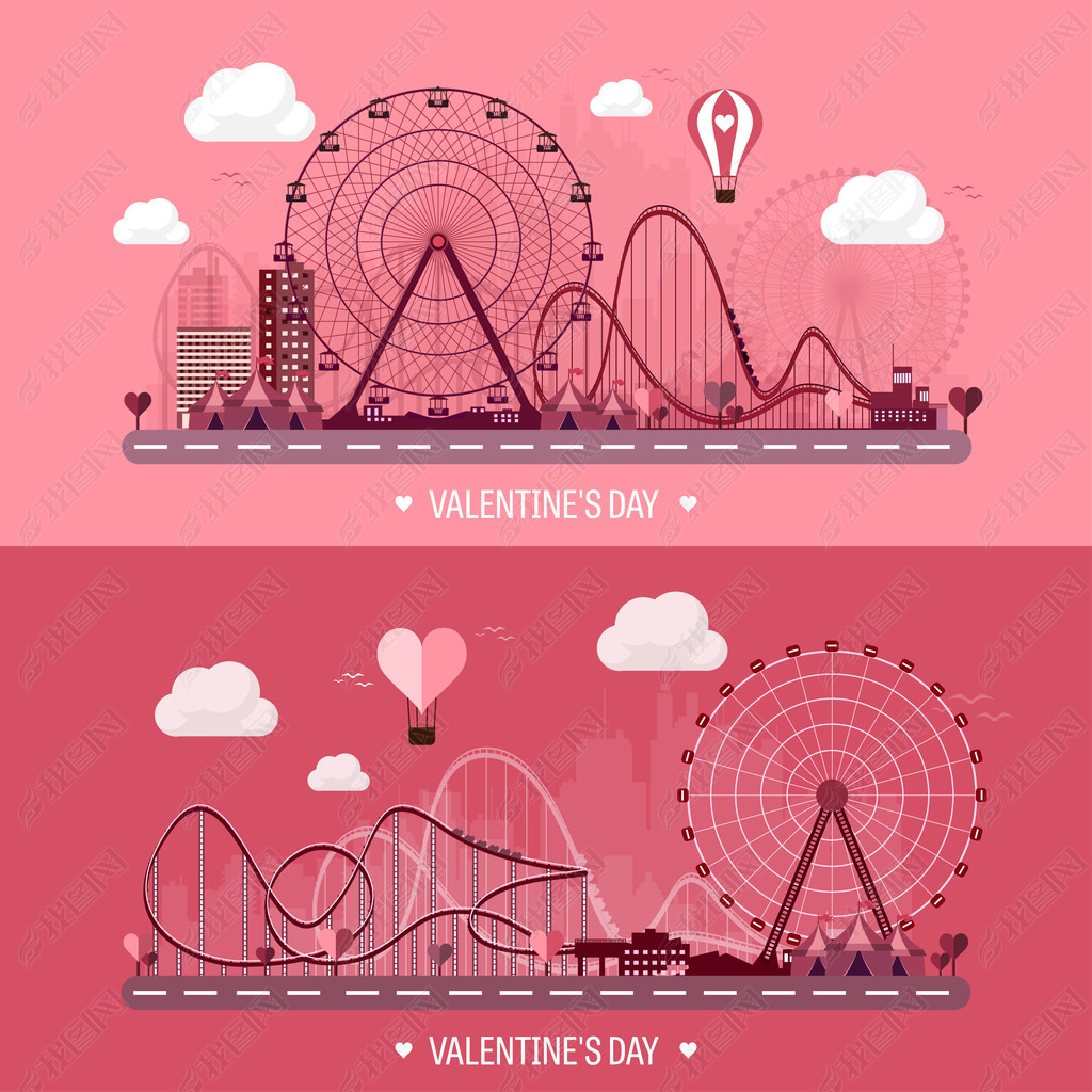 Vector illustration. Valentines day. Love. 14 february. Park. Ferris wheel. Roller coaster.