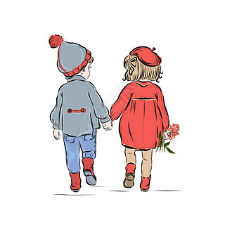 两个孩子在散步。男孩和女孩牵着手。浪漫的概念。朋友们快乐的生活。情人节设计、卡片、海报、剪纸、剪贴、卡片、针织图案.