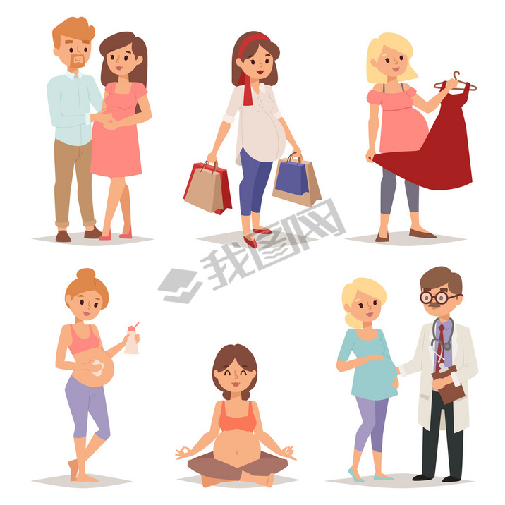 Young pregnant woman, pregnancy female belly expecting beautiful future mother character vector set.