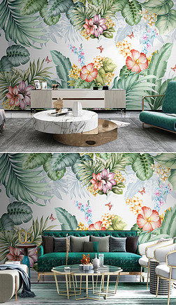 北欧手绘热带植物花鸟小清新电视沙发背景墙壁画