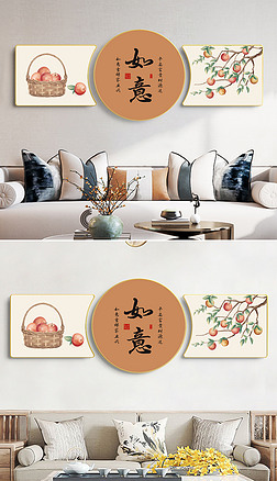 轻奢手绘新中式客厅寓意装饰画沙发背景墙三联画