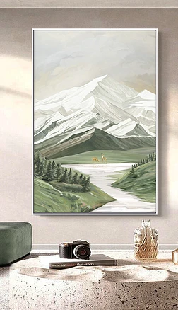北欧手绘森林风景雪山流水装饰画