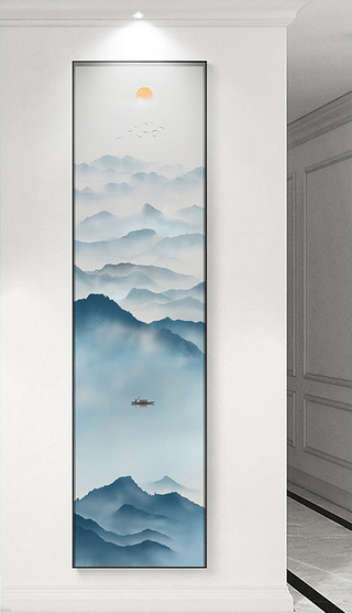 现代简约新中式意境水墨山水玄关长条装饰画