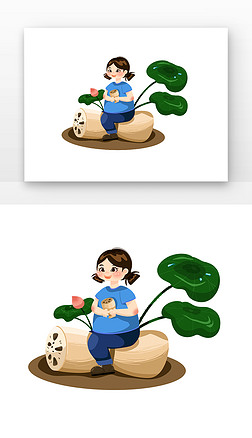 蓝色短袖可爱女孩手捧肥硕莲藕小暑藕与女孩